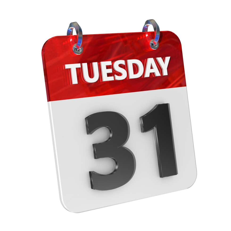 Tuesday 31 Date 3D Icon Isolated, Shiny and Glossy 3D Rendering, Month Date Day Name, Schedule, History png