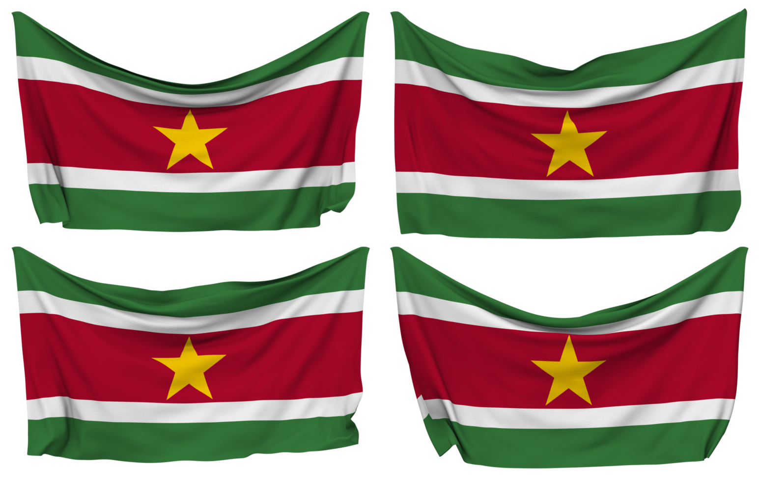 Suriname Pinned Flag from Corners, Isolated with Different Waving Variations, 3D Rendering png