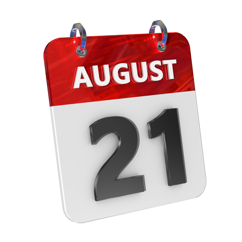 August 21 Date 3D Icon Isolated, Shiny and Glossy 3D Rendering, Month Date Day Name, Schedule, History png