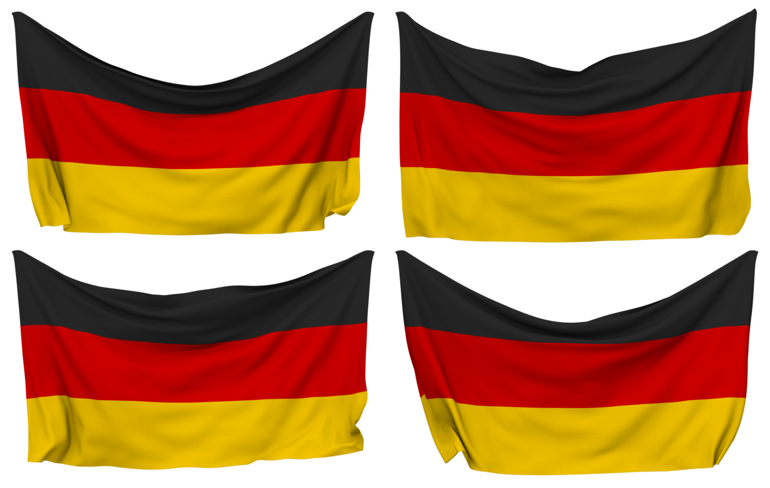 Tyskland fästs flagga från hörn, isolerat med annorlunda vinka variationer, 3d tolkning png