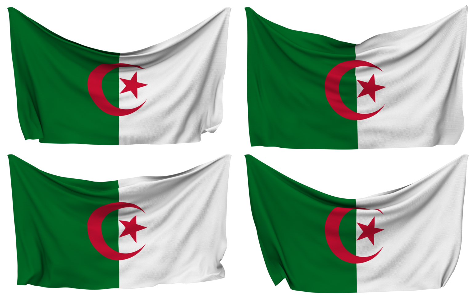 Algeria Pined Flag from Corners, Isolated with Different Waving Variations, 3D Rendering png