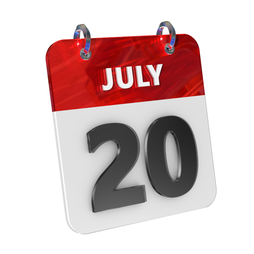 July 20 Date 3D Icon Isolated, Shiny and Glossy 3D Rendering, Month Date Day Name, Schedule, History png