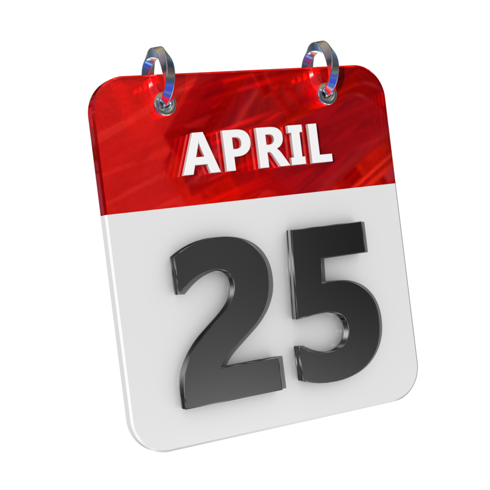 April 25 Date 3D Icon Isolated, Shiny and Glossy 3D Rendering, Month Date Day Name, Schedule, History png