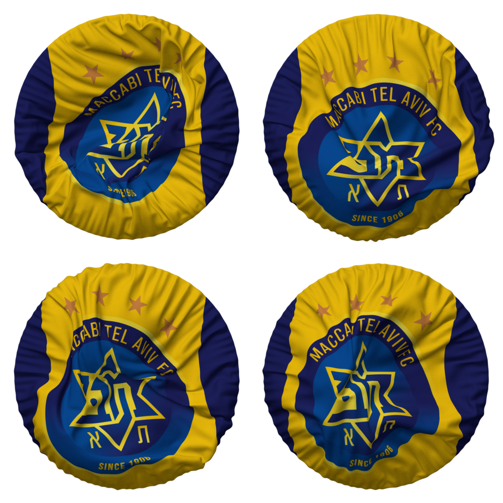 Maccabi Tel Aviv Flag in Round Shape Isolated with Four Different Waving Style, Bump Texture, 3D Rendering png