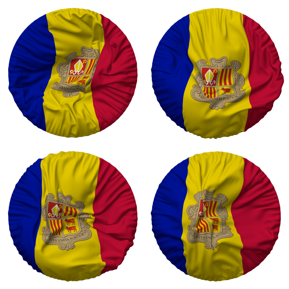 Andorra Flag in Round Shape Isolated with Four Different Waving Style, Bump Texture, 3D Rendering png