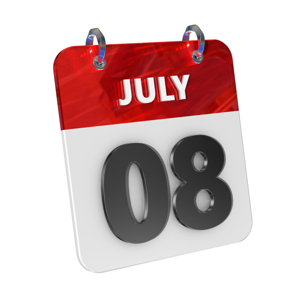 juillet 8 Date 3d icône isolé, brillant et brillant 3d le rendu, mois Date journée nom, calendrier, histoire png