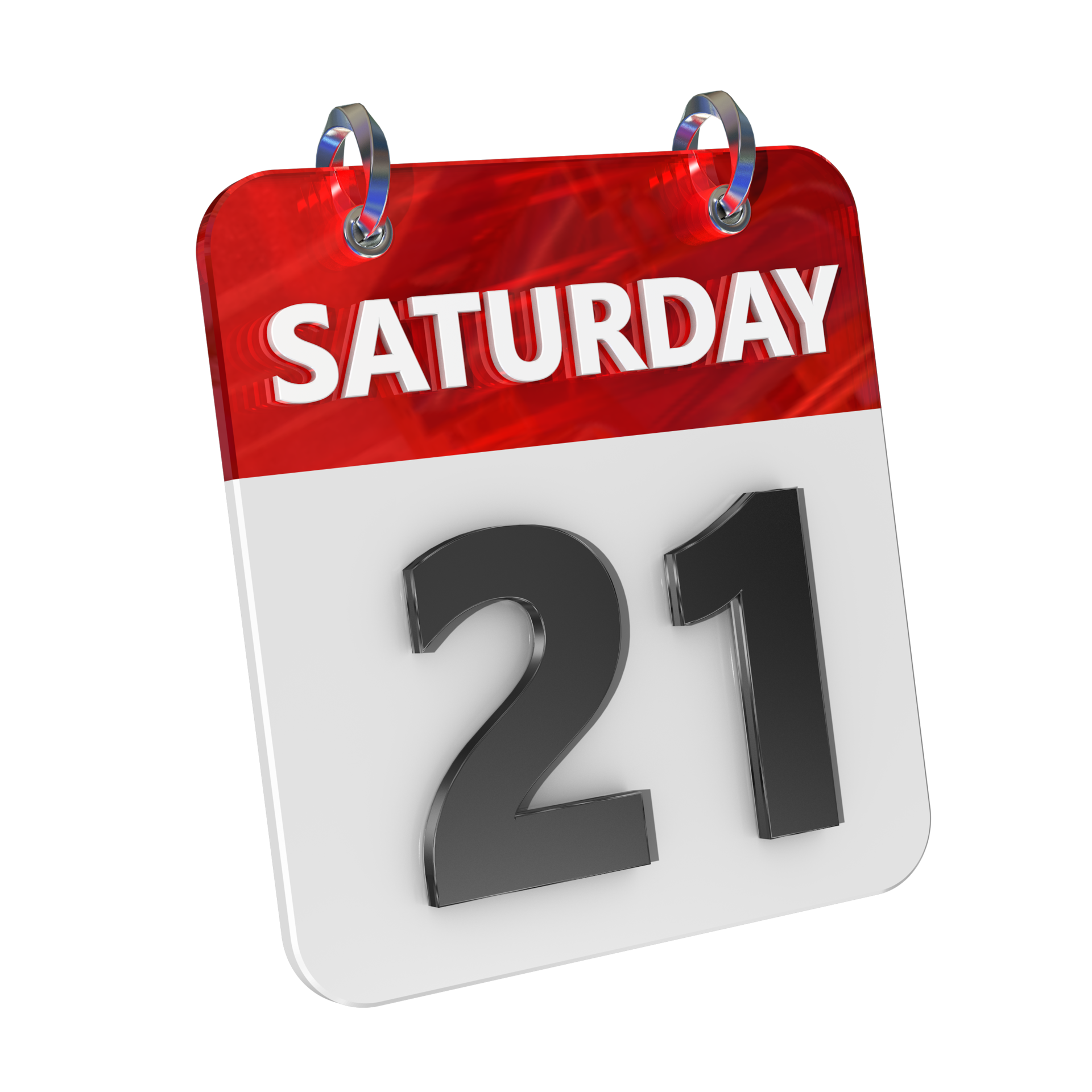 Saturday 21 Date 3D Icon Isolated, Shiny and Glossy 3D Rendering, Month Date Day Name, Schedule
