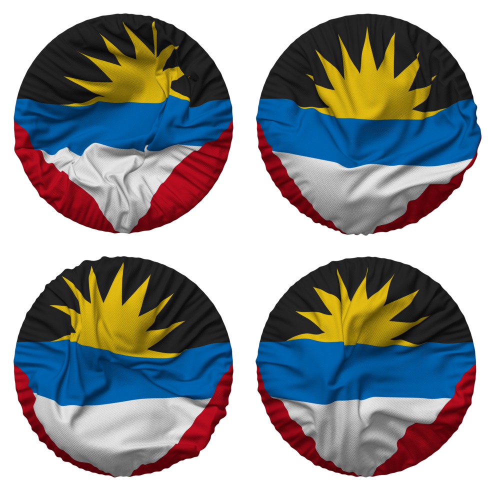 Antigua And Barbuda Flag In Round Shape Isolated With Four Different Waving Style Bump Texture