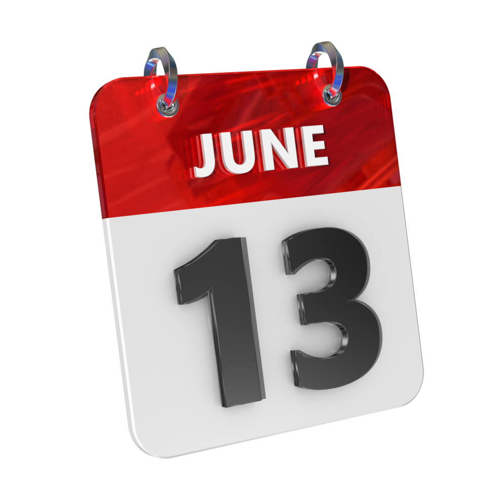 June 13 Date 3D Icon Isolated, Shiny and Glossy 3D Rendering, Month Date Day Name, Schedule, History png