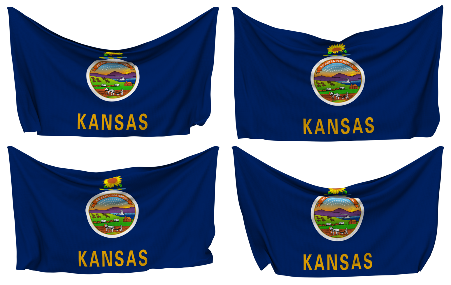 State of Kansas Pinned Flag from Corners, Isolated with Different Waving Variations, 3D Rendering png
