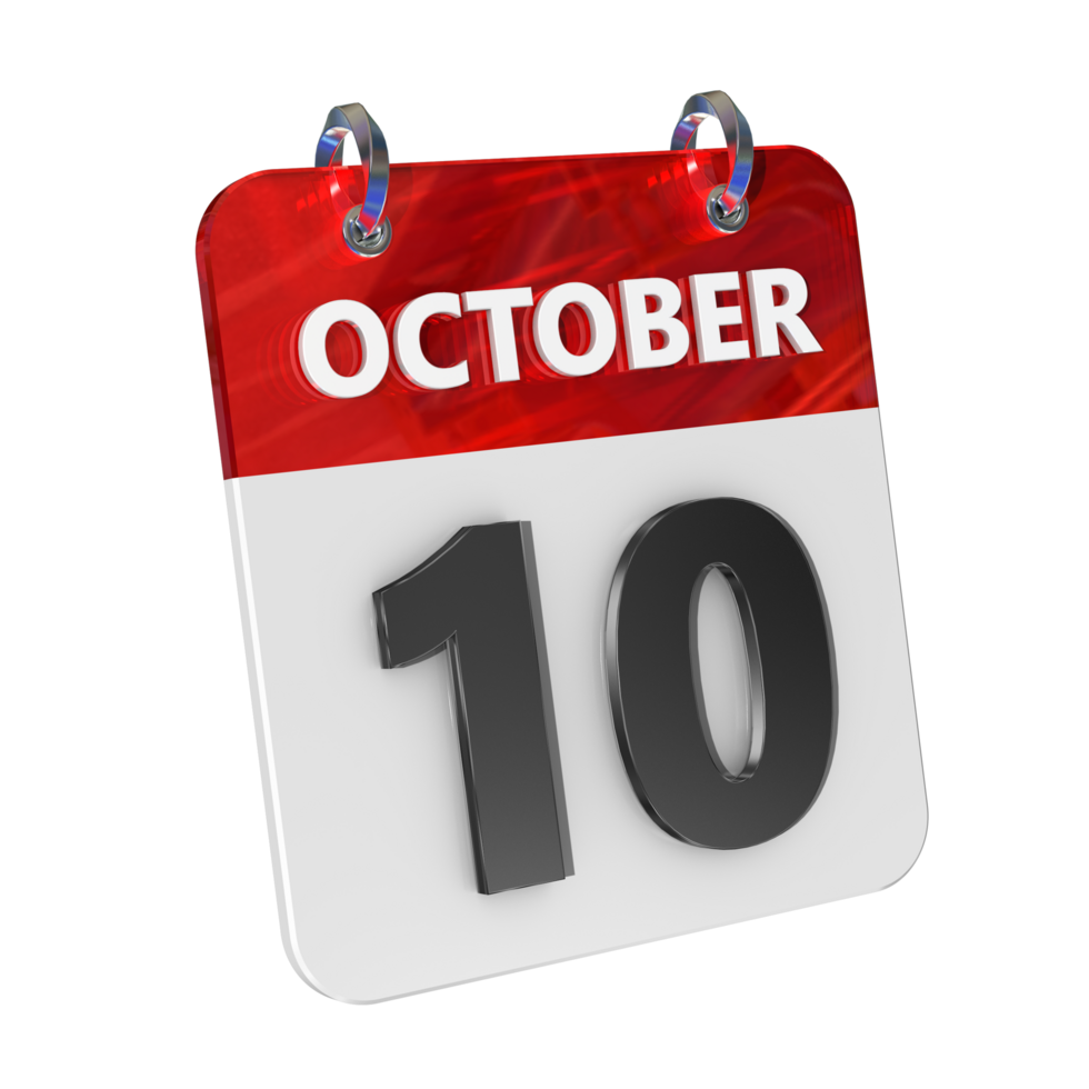 October 10 Date 3D Icon Isolated, Shiny and Glossy 3D Rendering, Month Date Day Name, Schedule