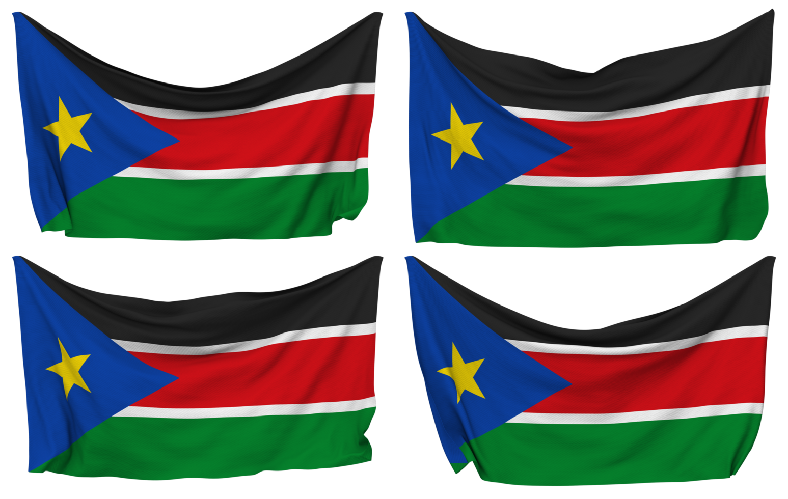 South Sudan Pinned Flag from Corners, Isolated with Different Waving Variations, 3D Rendering png