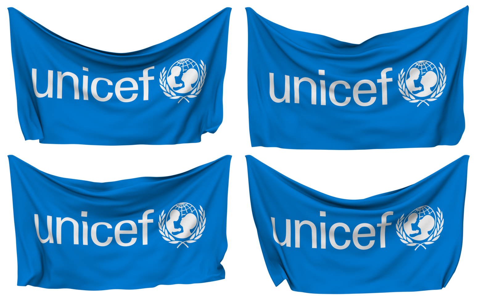 förenad nationer barns fond, unicef fästs flagga från hörn, isolerat med annorlunda vinka variationer, 3d tolkning png