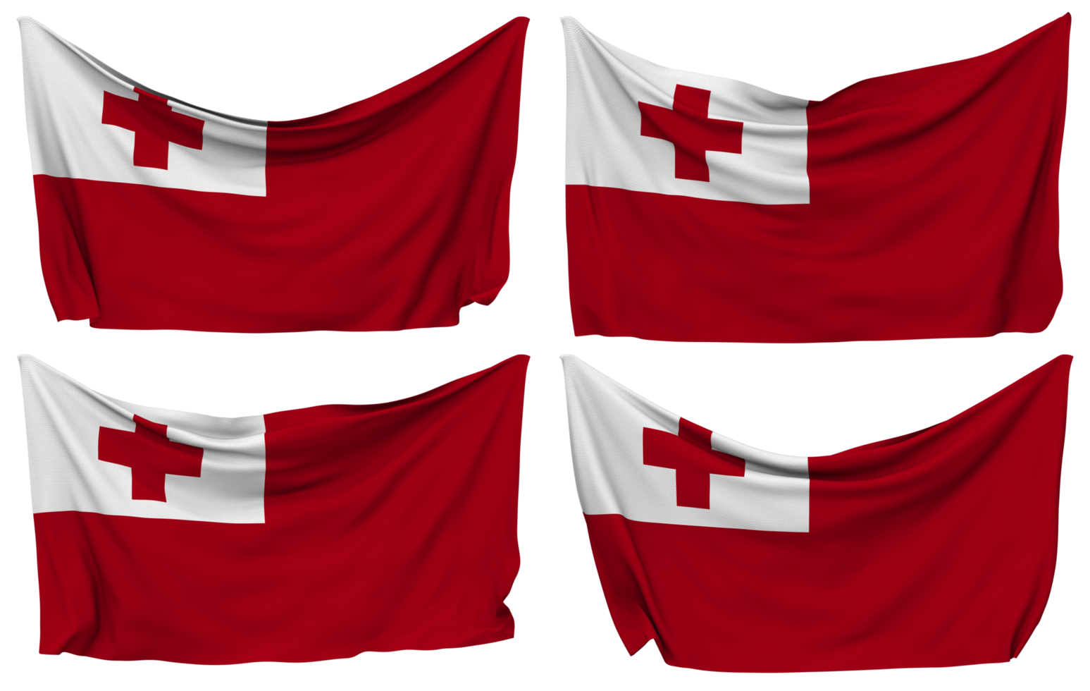 Tonga Pinned Flag from Corners, Isolated with Different Waving Variations, 3D Rendering png
