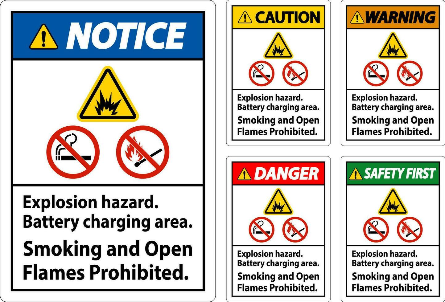 Danger Sign Explosion Hazard, Battery Charging Area, Smoking And Open Flames Prohibited vector