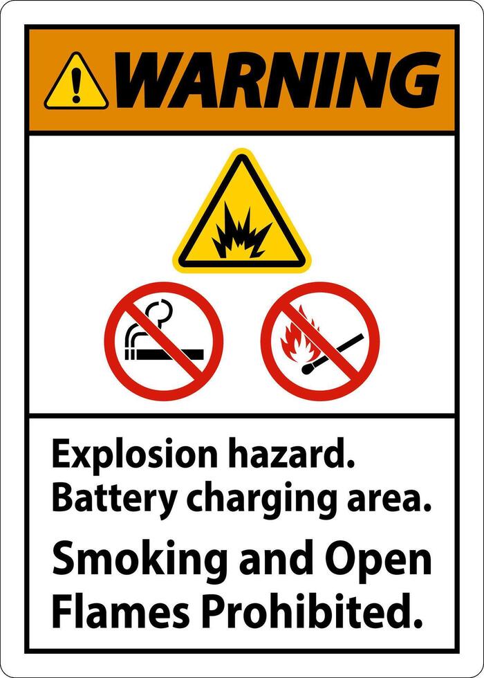 Warning Sign Explosion Hazard, Battery Charging Area, Smoking And Open Flames Prohibited vector