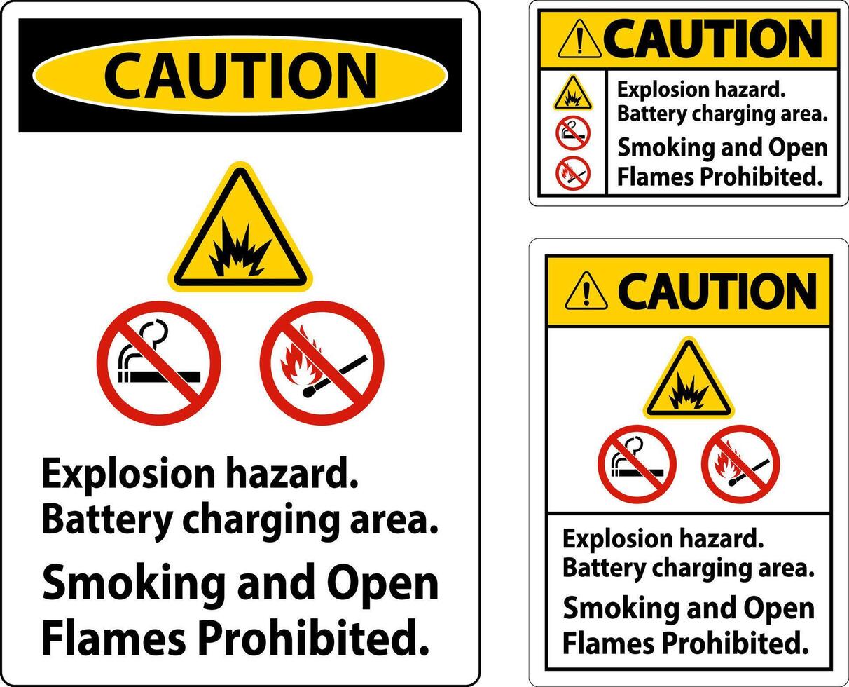 Caution Sign Explosion Hazard, Battery Charging Area, Smoking And Open Flames Prohibited vector