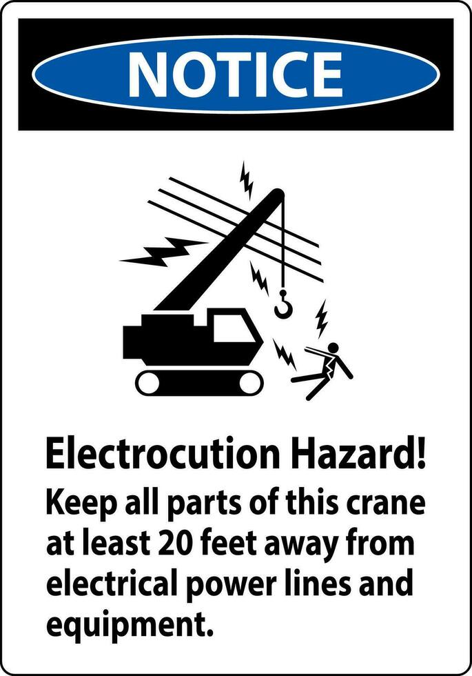 Notice Sign Electrocution Hazard, Keep All Parts Of This Crane At Least 20 Feet Away From Electrical Power Lines And Equipment vector
