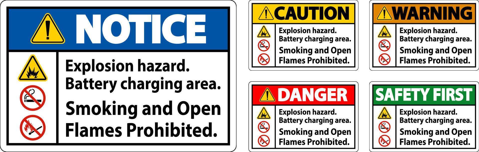 Danger Sign Explosion Hazard, Battery Charging Area, Smoking And Open Flames Prohibited vector