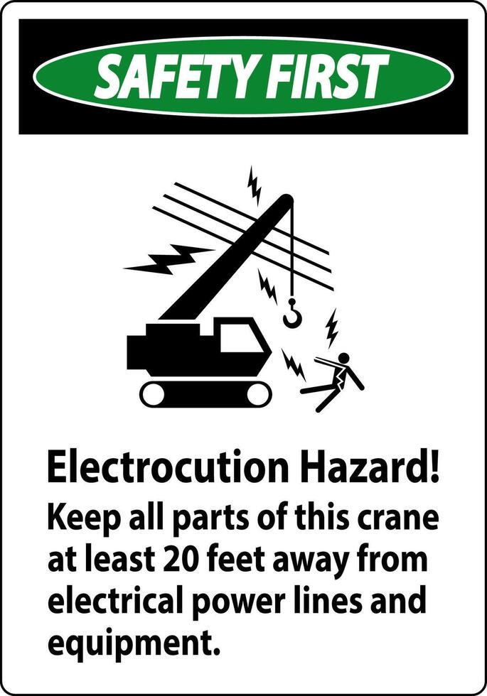 Safety First Sign Electrocution Hazard, Keep All Parts Of This Crane At Least 20 Feet Away From Electrical Power Lines And Equipment vector