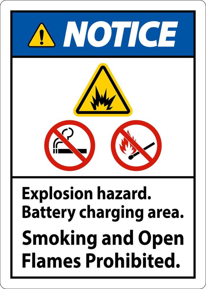 Notice Sign Explosion Hazard, Battery Charging Area, Smoking And Open Flames Prohibited vector