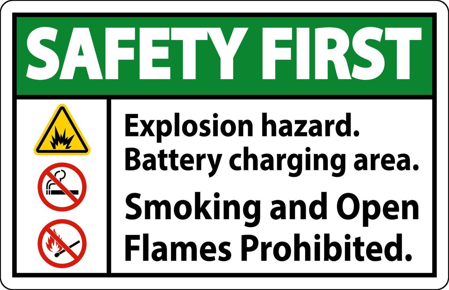 Safety First Sign Explosion Hazard, Battery Charging Area, Smoking And Open Flames Prohibited vector