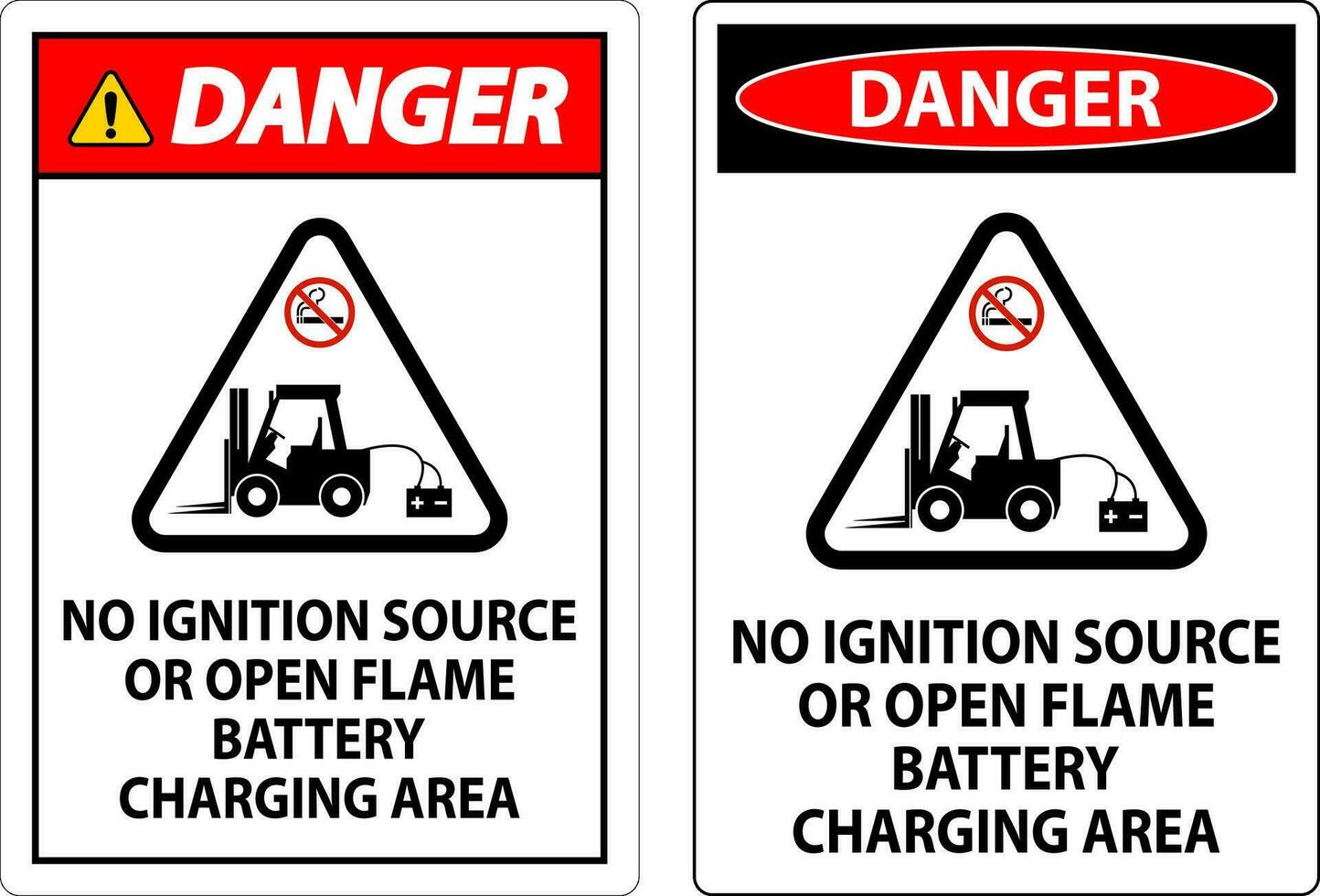 Danger Sign No Ignition Source Or Open Flame, Battery Charging Area vector