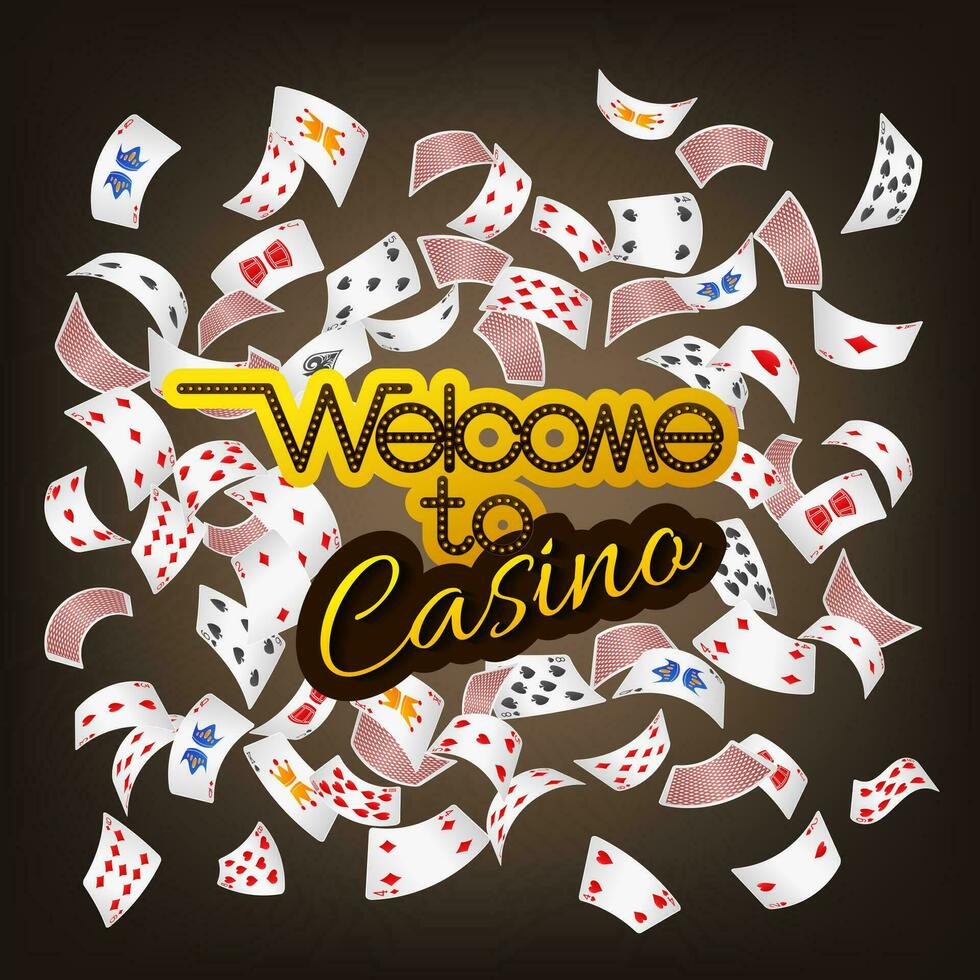 Welcome To Casino Sign With Poker Card Scattered, Vector Illustration