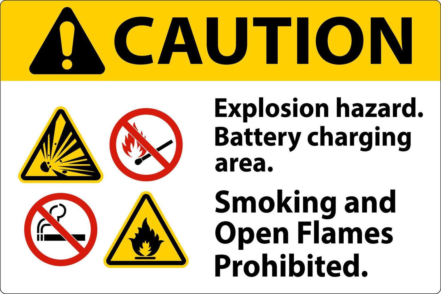 Caution Sign Explosion Hazard, Battery Charging Area, Smoking And Open Flames Prohibited vector