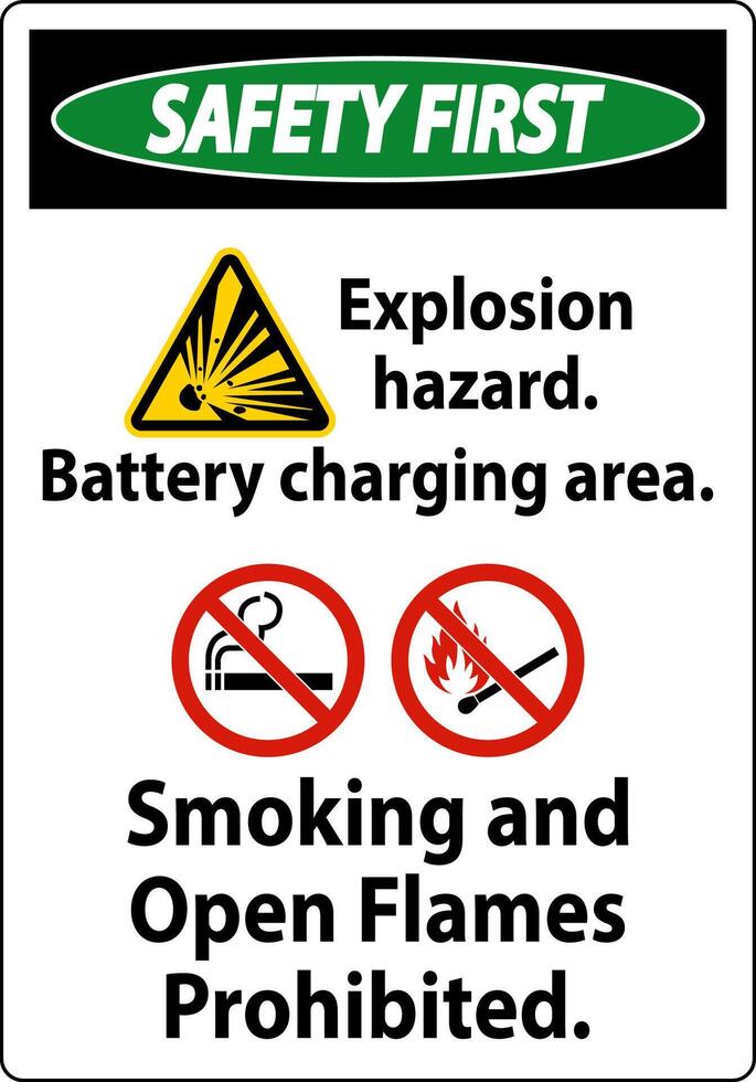 Safety First Sign Explosion Hazard, Battery Charging Area, Smoking And Open Flames Prohibited vector