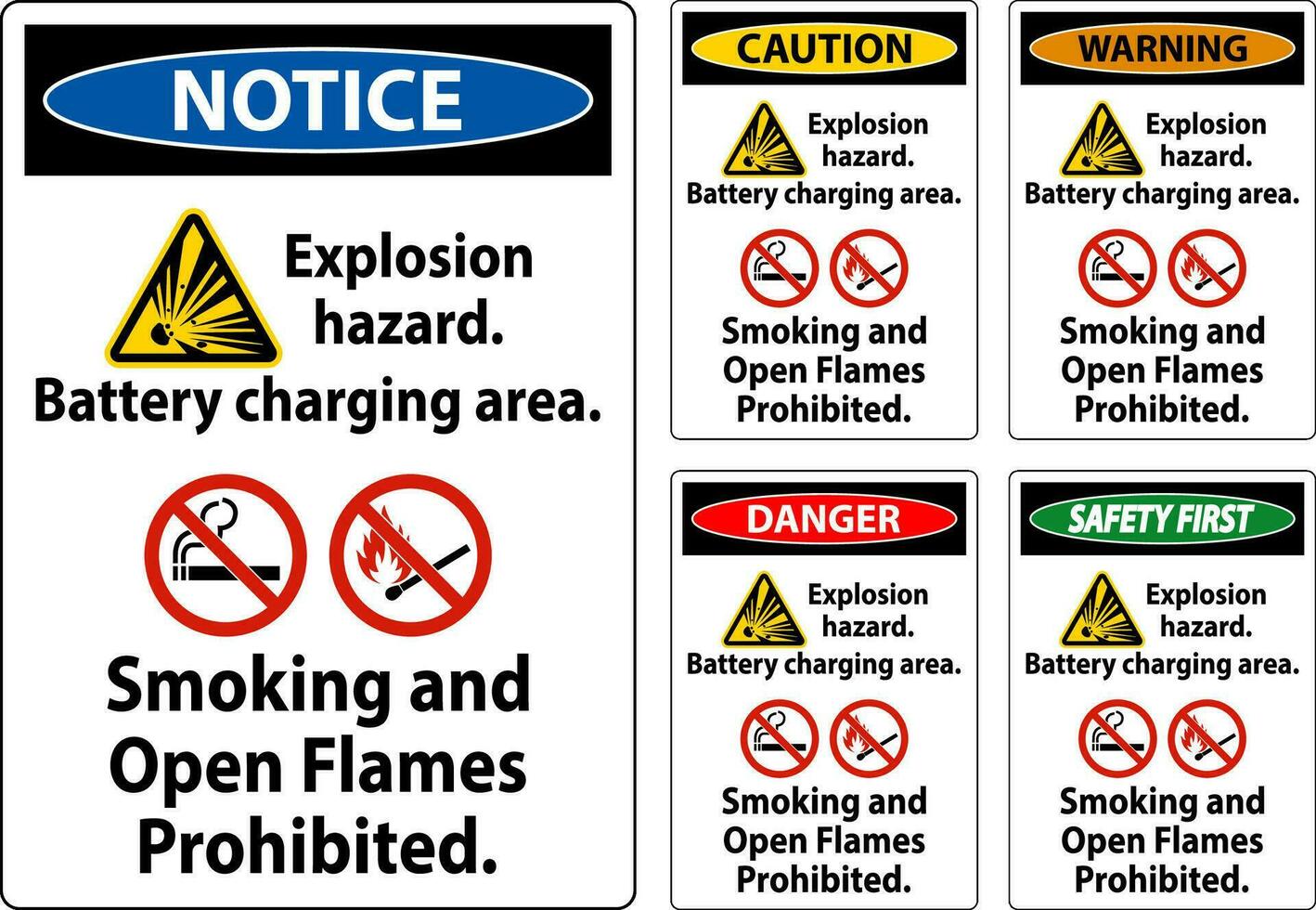 peligro firmar explosión peligro, batería cargando área, de fumar y abierto llamas prohibido vector