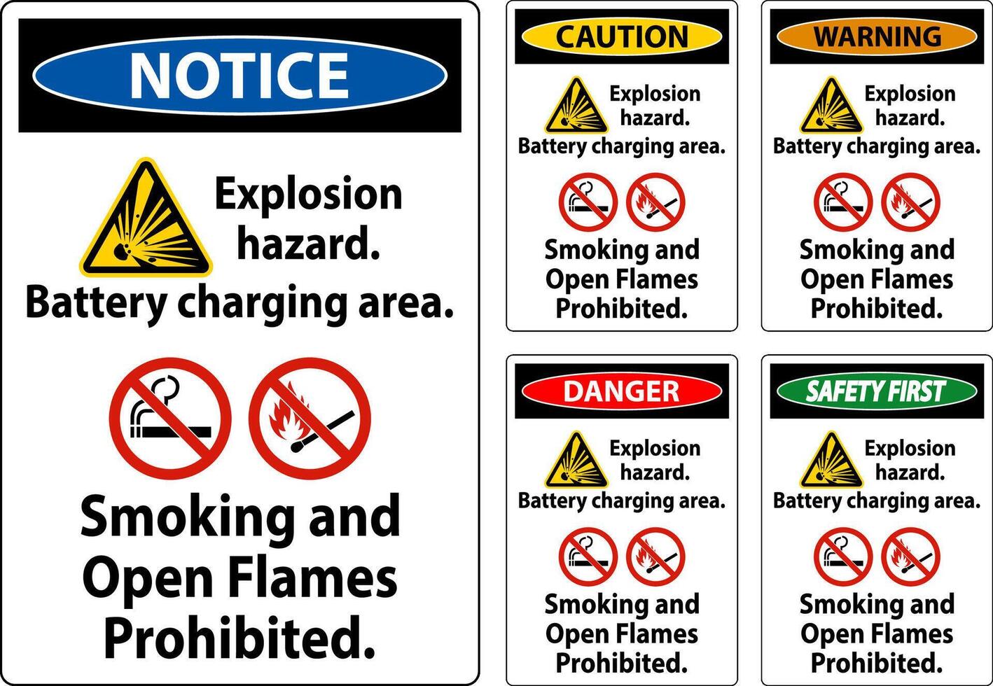 peligro firmar explosión peligro, batería cargando área, de fumar y abierto llamas prohibido vector