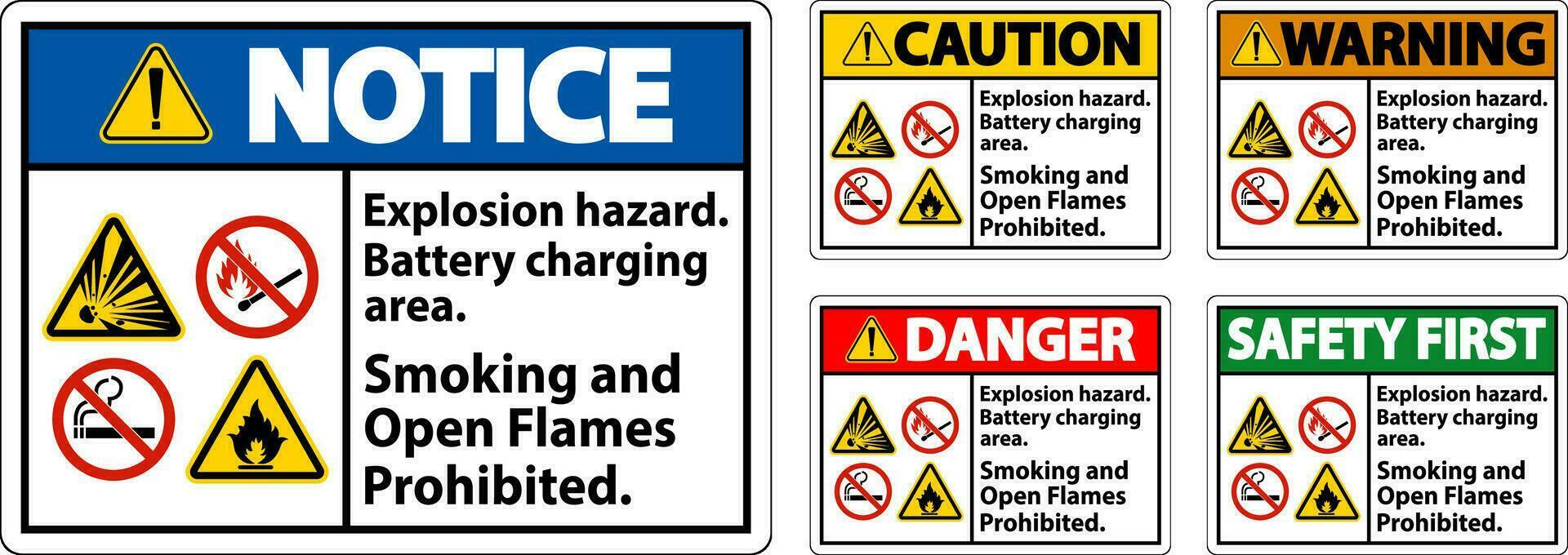 peligro firmar explosión peligro, batería cargando área, de fumar y abierto llamas prohibido vector