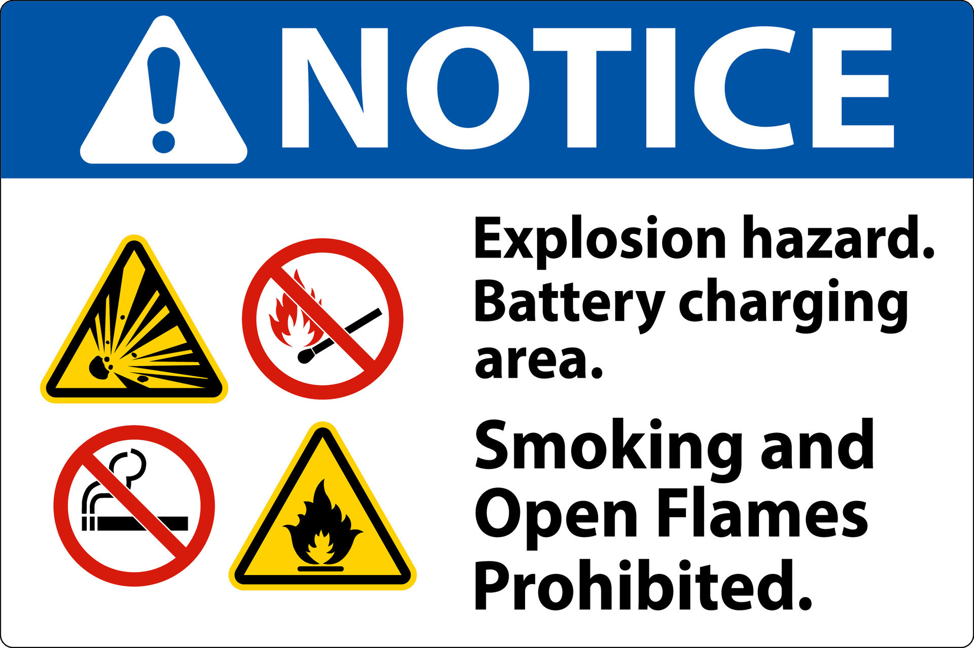 Notice Sign Explosion Hazard, Battery Charging Area, Smoking And Open