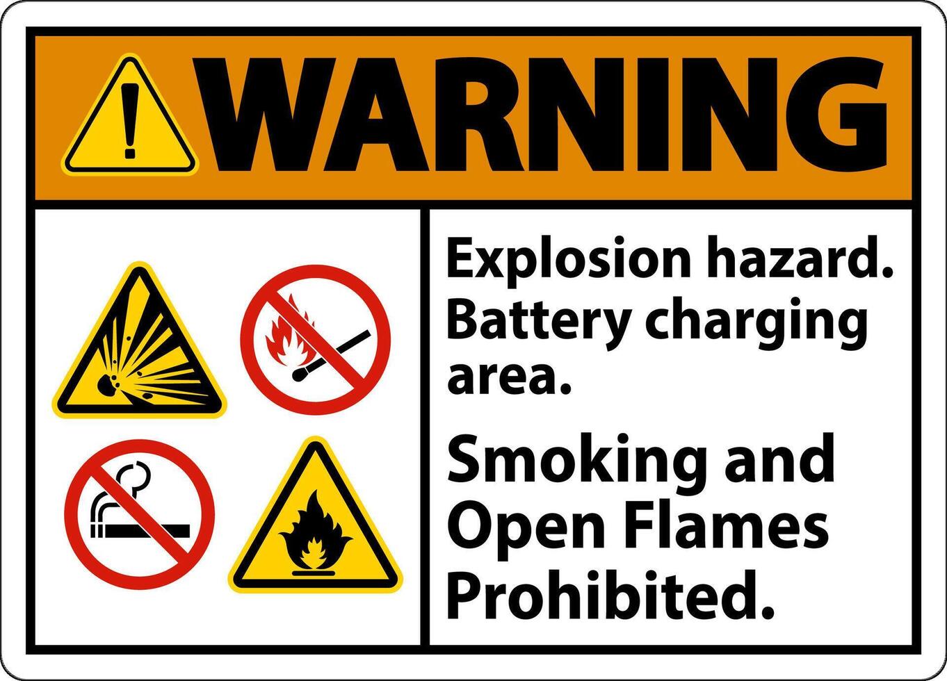 Warning Sign Explosion Hazard, Battery Charging Area, Smoking And Open Flames Prohibited vector