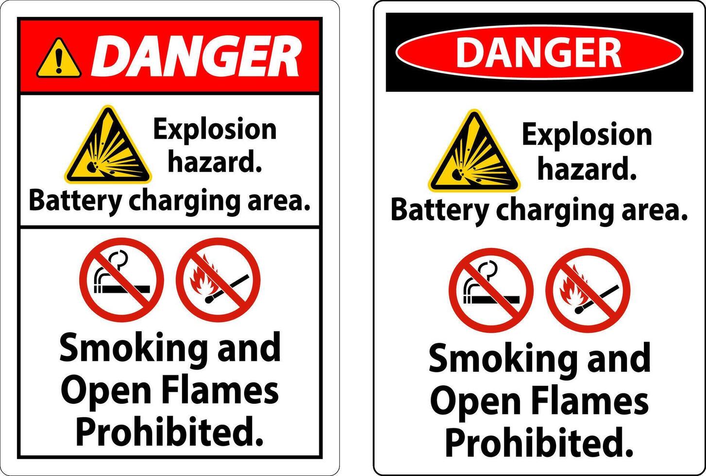 Danger Sign Explosion Hazard, Battery Charging Area, Smoking And Open Flames Prohibited vector