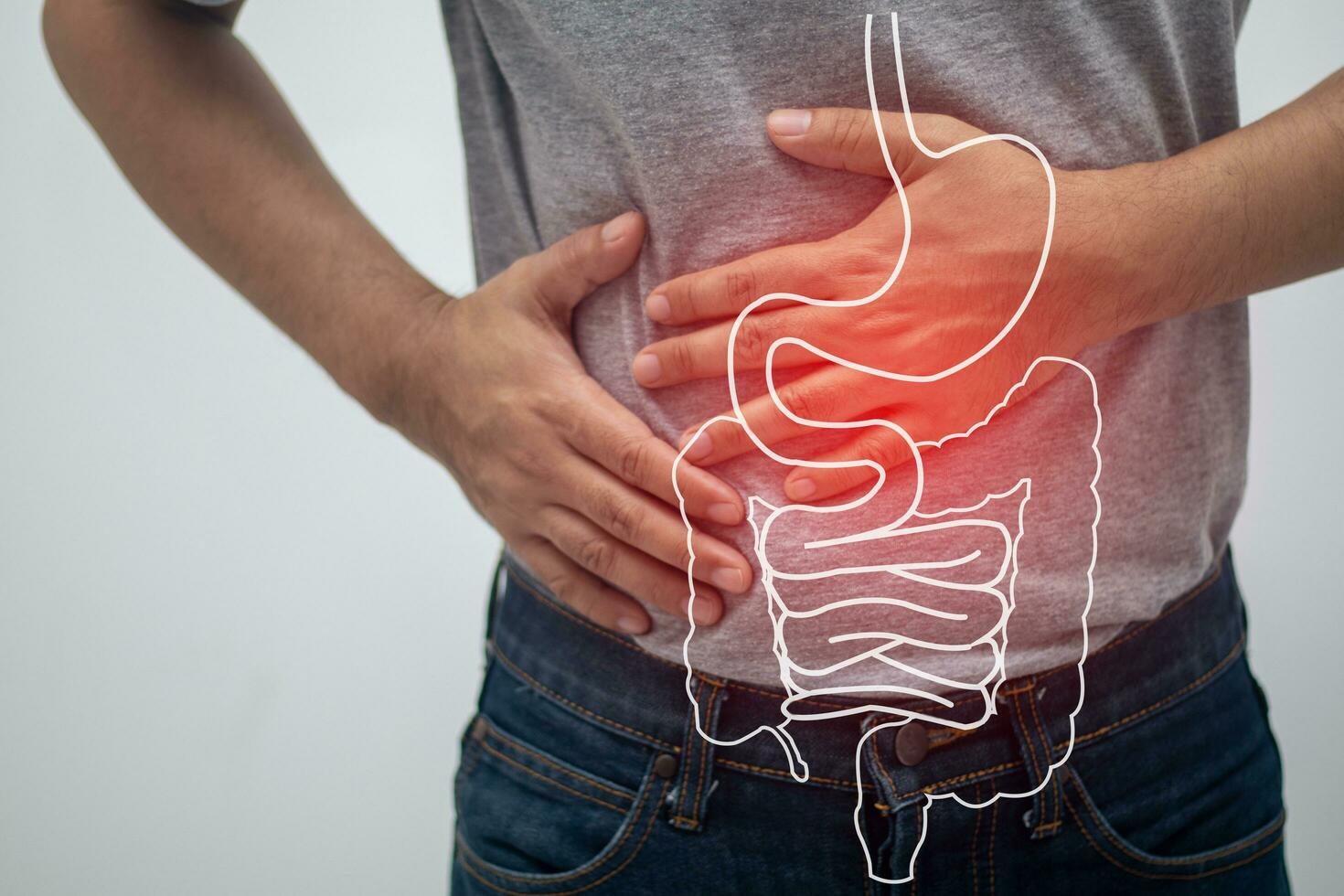 concepto yo tener abdominal dolor en el Derecha lado. foto