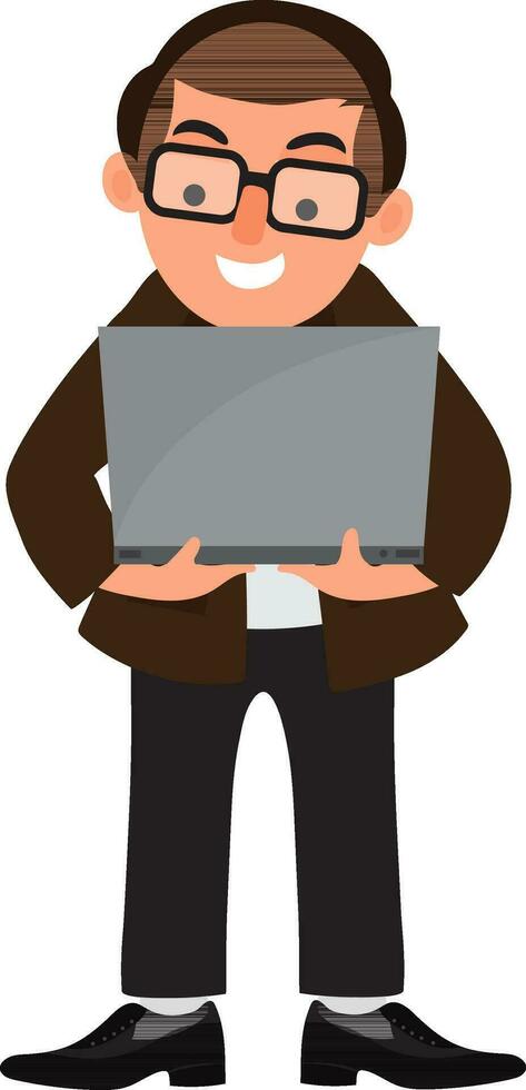 Character of businessman holding laptop. vector