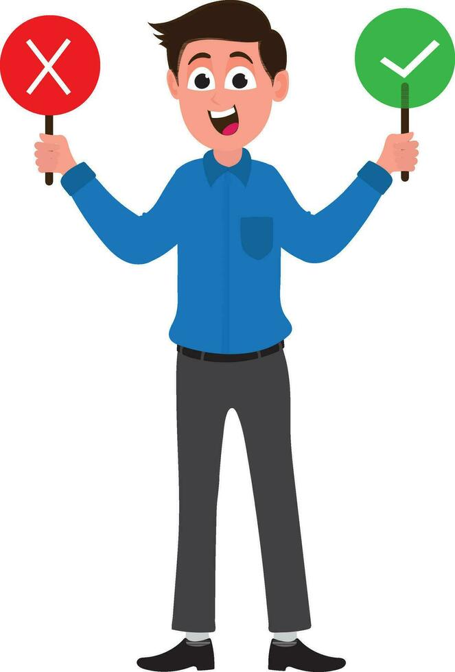 Businessman holding right and wrong boards. vector