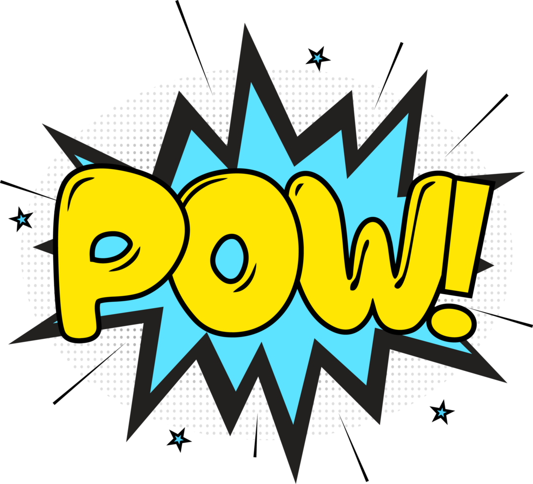 Pow, comic explosion with yellow and blue colors. Text bubbles for cartoon speeches. Comic blast with smash effects and stars. png