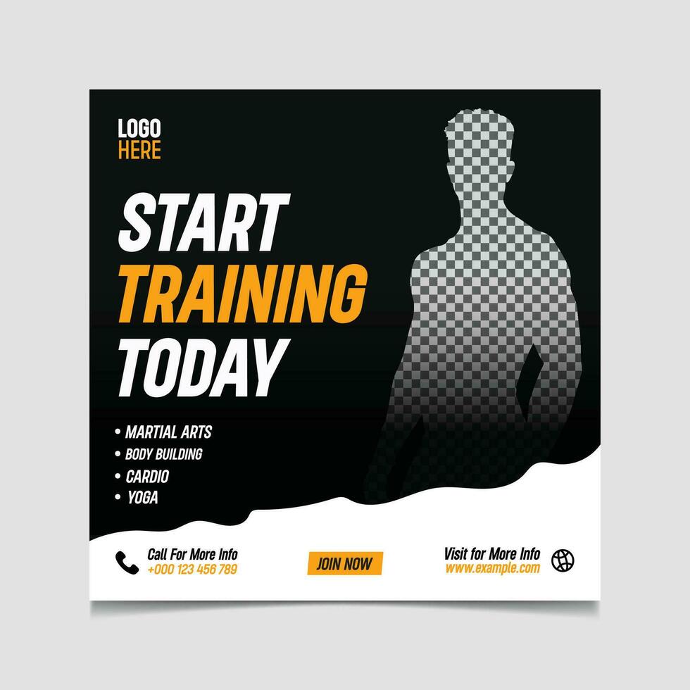 Vector gym and fitness start training today social media banner design