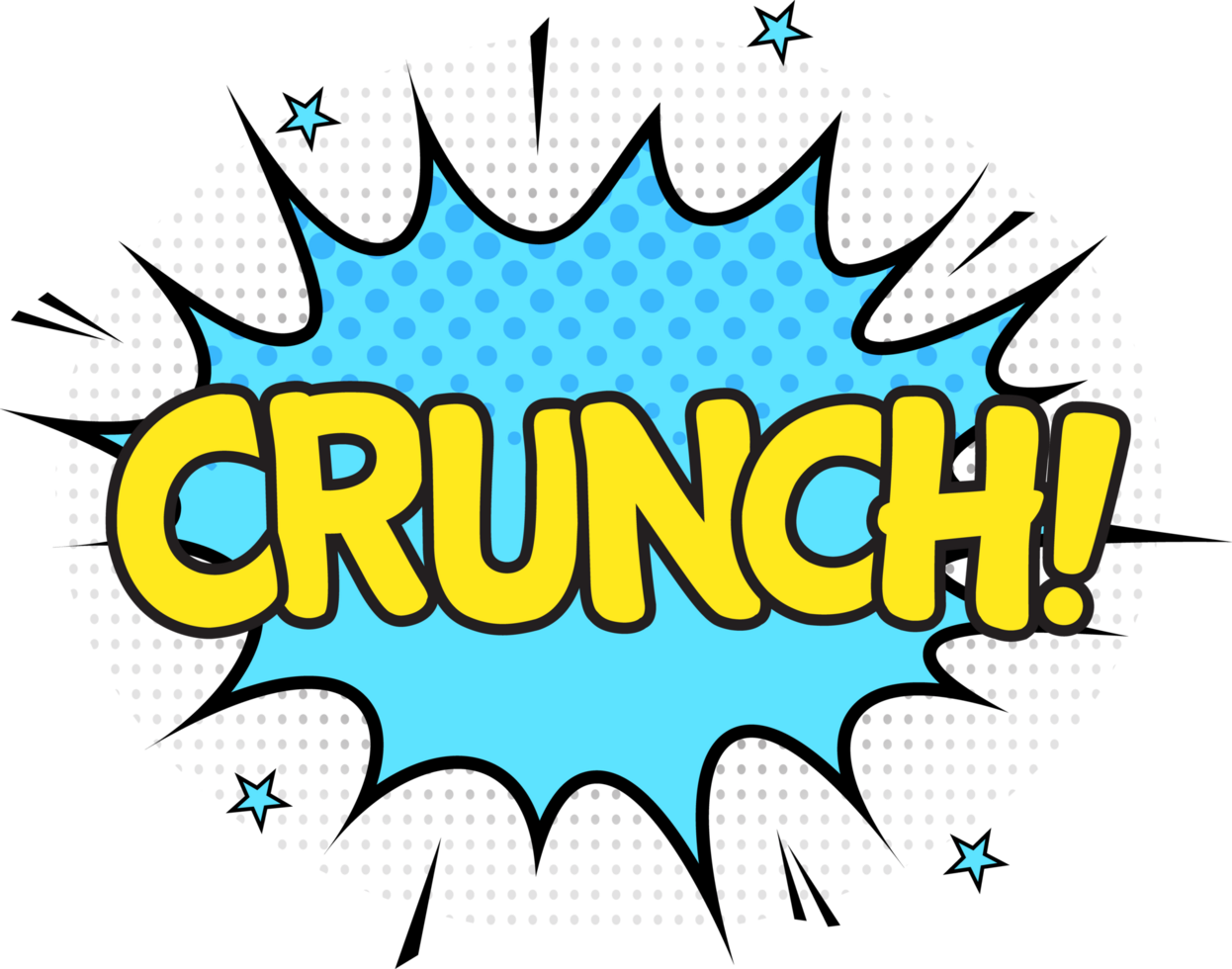 Crunch, comic explosion with blue and yellow colors. Comic bubble with smash effect and stars. Text bubbles for cartoons. png