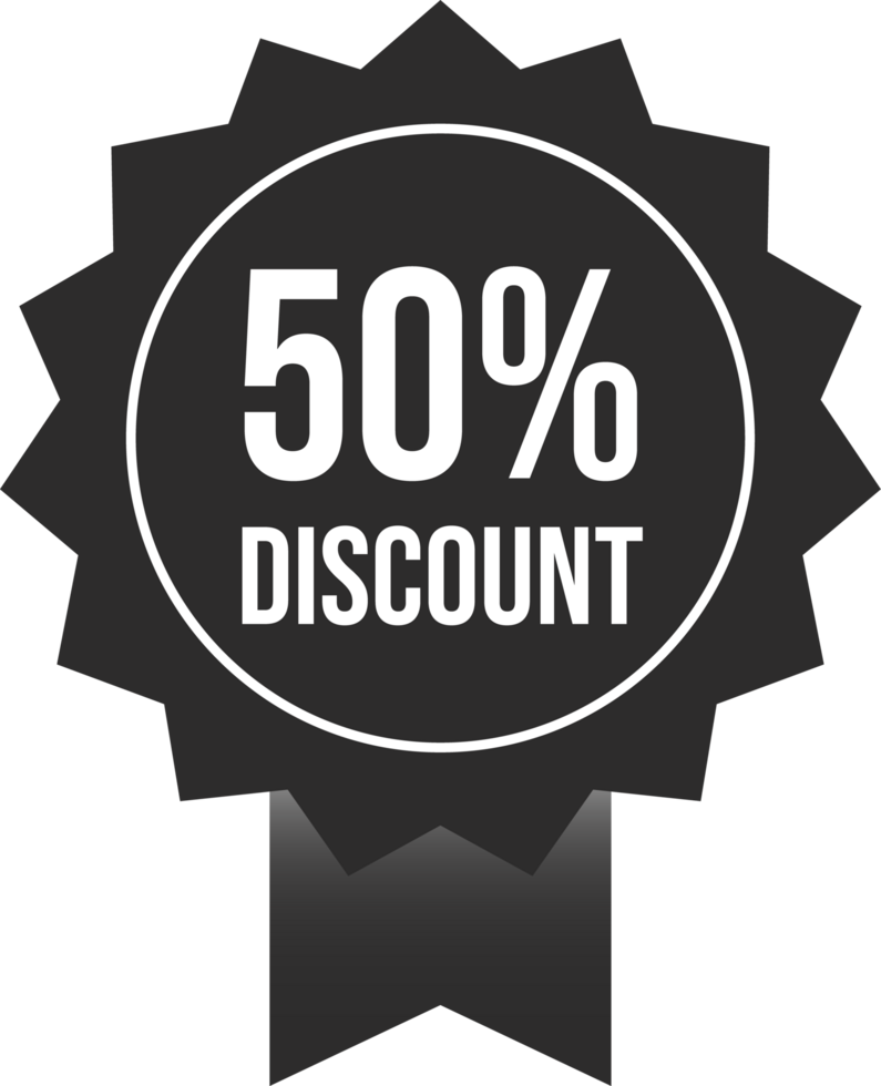 Fifty percent offer badge. Super Sale discount coupon. Black sales badge. Discount sticker design. Big sale coupon illustration. png