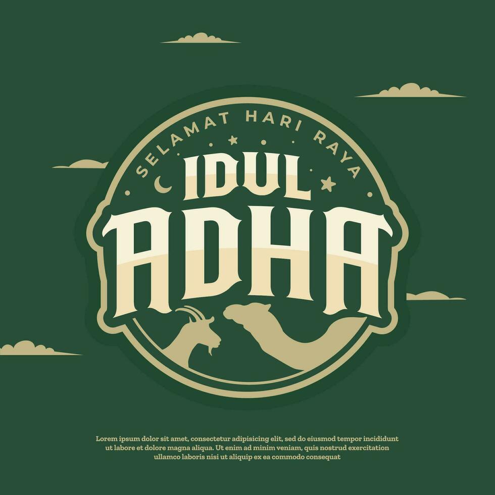 Eid Al Adha logo with goat and camel. selamat hari raya Idul Adha translates to Eid al Adha mubarak vector