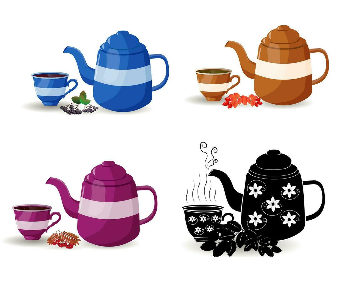 A set of tea pairs with branches and fruits of berries. vector