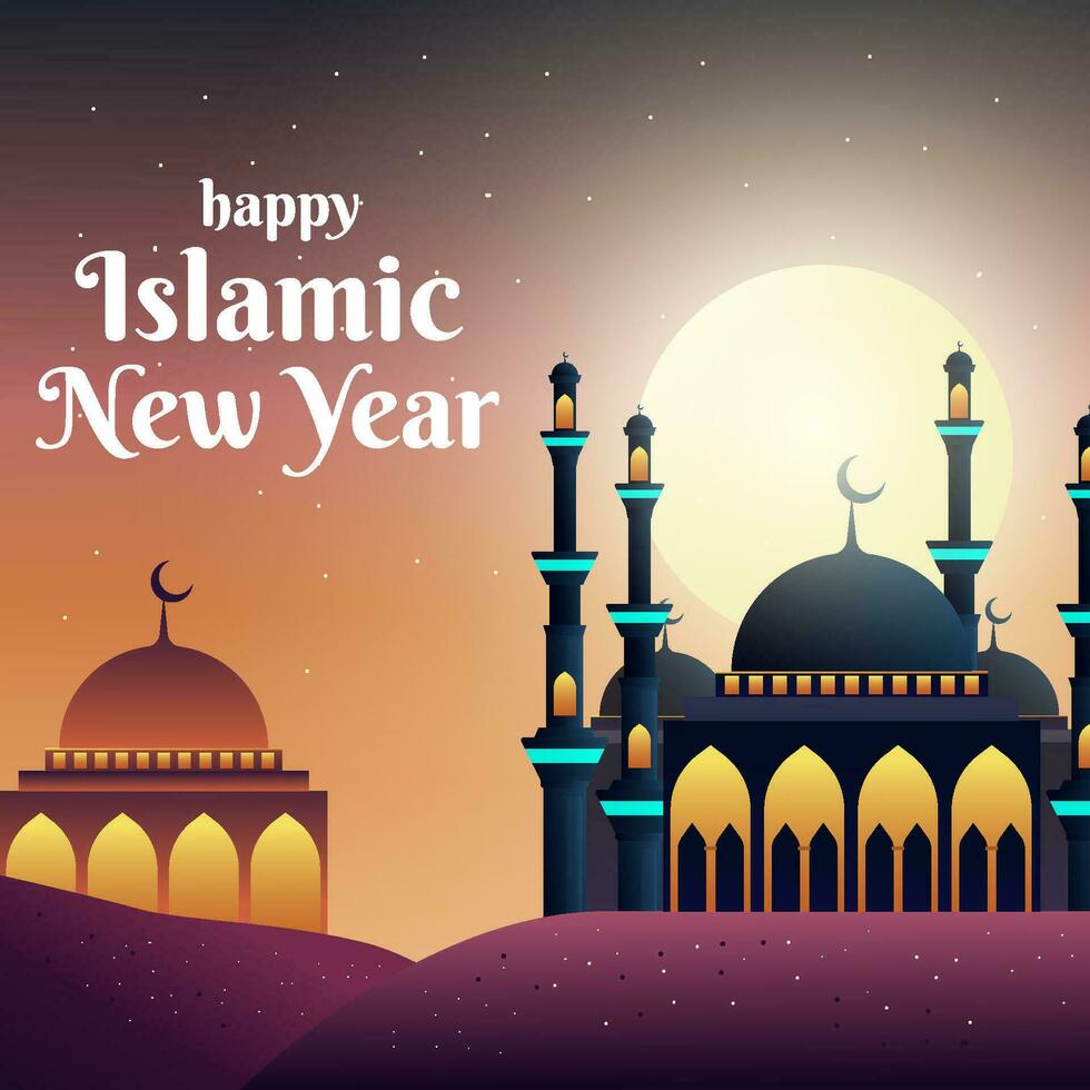 beautiful happy islamic new year illustration with mosques and moon vector