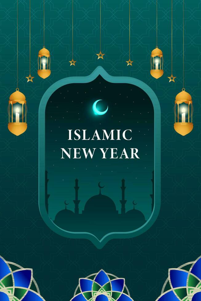 gradient vector islamic new year vertical banner with lanterns, stars, and Islamic ornament