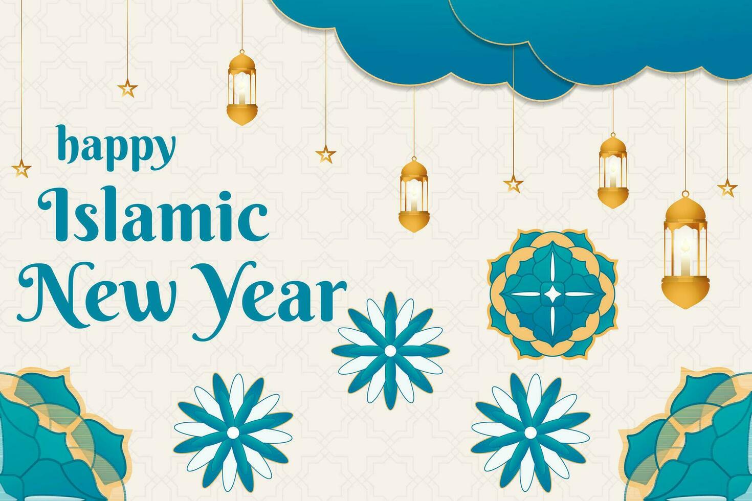 gradient islamic new year horizontal banner with lanterns, stars, and ...