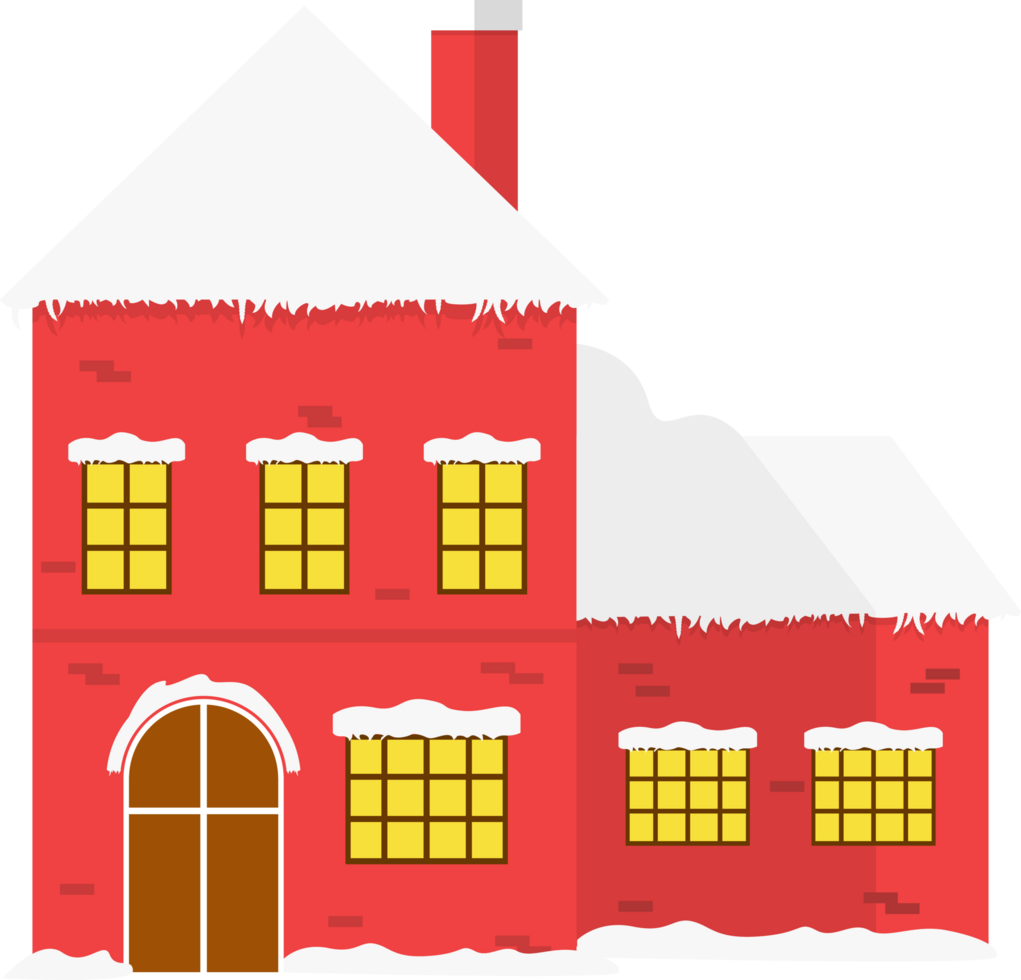 Christmas house with snow on the rooftop. Xmas decoration house with chimney. Wintertime townhomes with dense snow. png