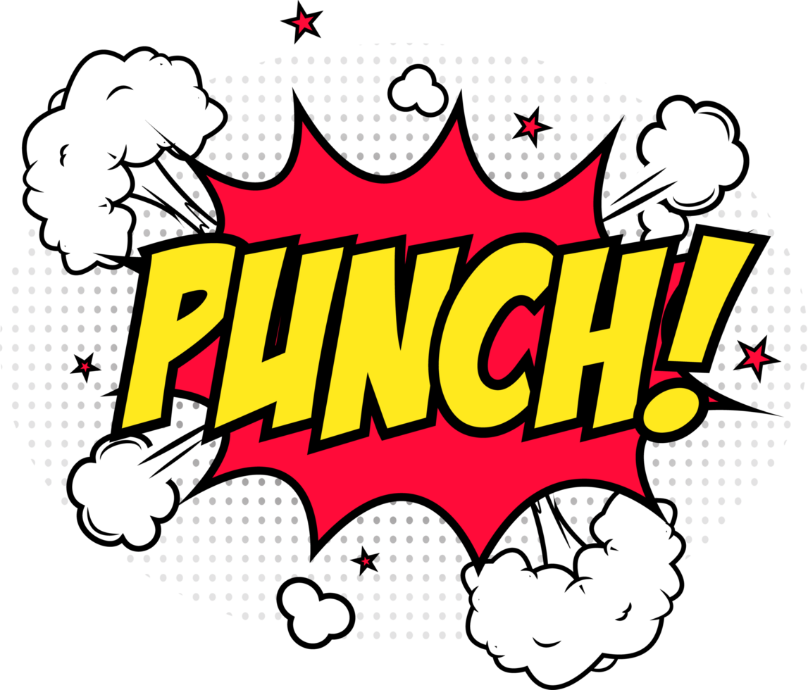 Punch, comic explosion with red and yellow colors. Fighting text comic blast with clouds and stars. Text bubbles for cartoons. png